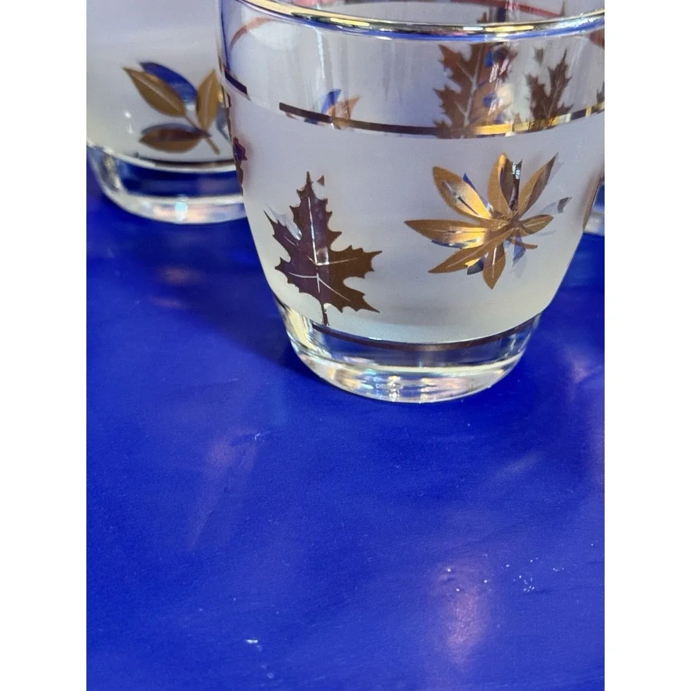 Set of 8 Libbey Golden Foliage Lowball Glasses Gold Rim Frosted 3